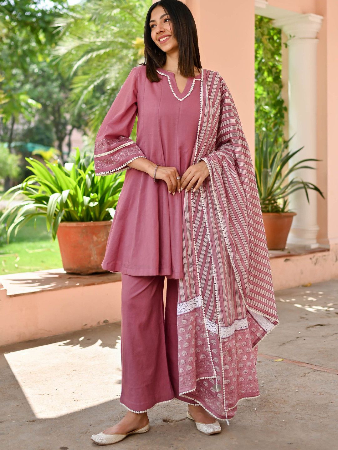 

Bunaai Gotta Patti Mandarin Collar Cotton Anarkali Kurti with Palazzos & Dupatta, Mauve