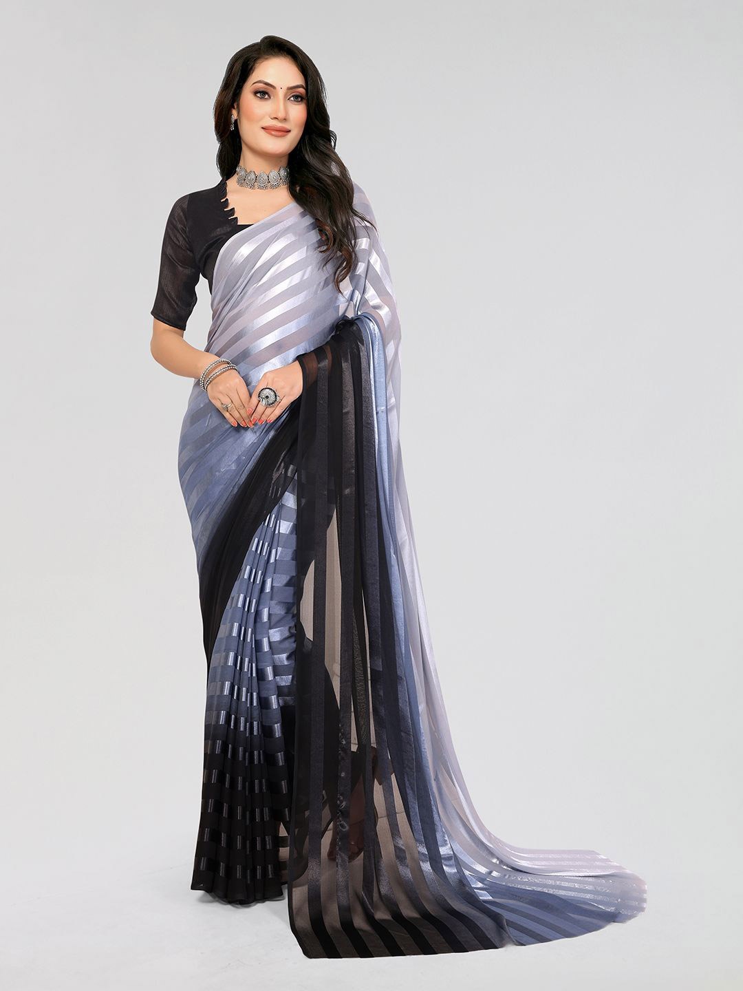 

Moda Rapido Striped Printed Satin Saree With Unstitched Blouse Piece, Grey