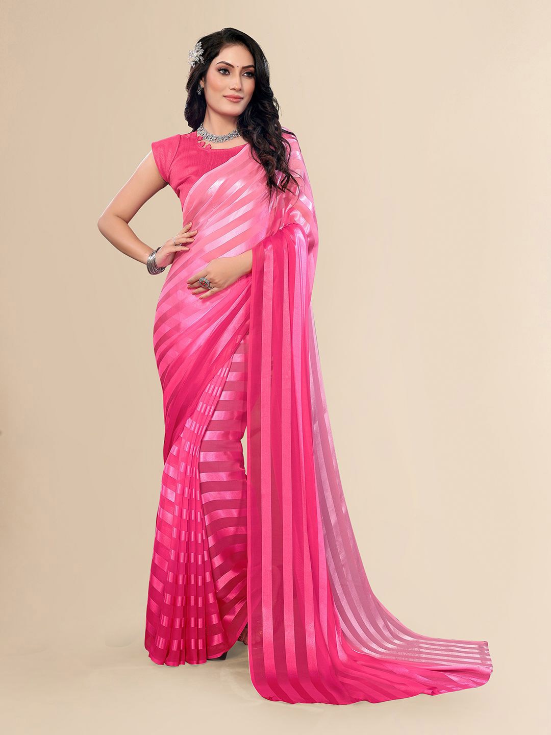 

Moda Rapido Women Striped Satin Saree, Pink