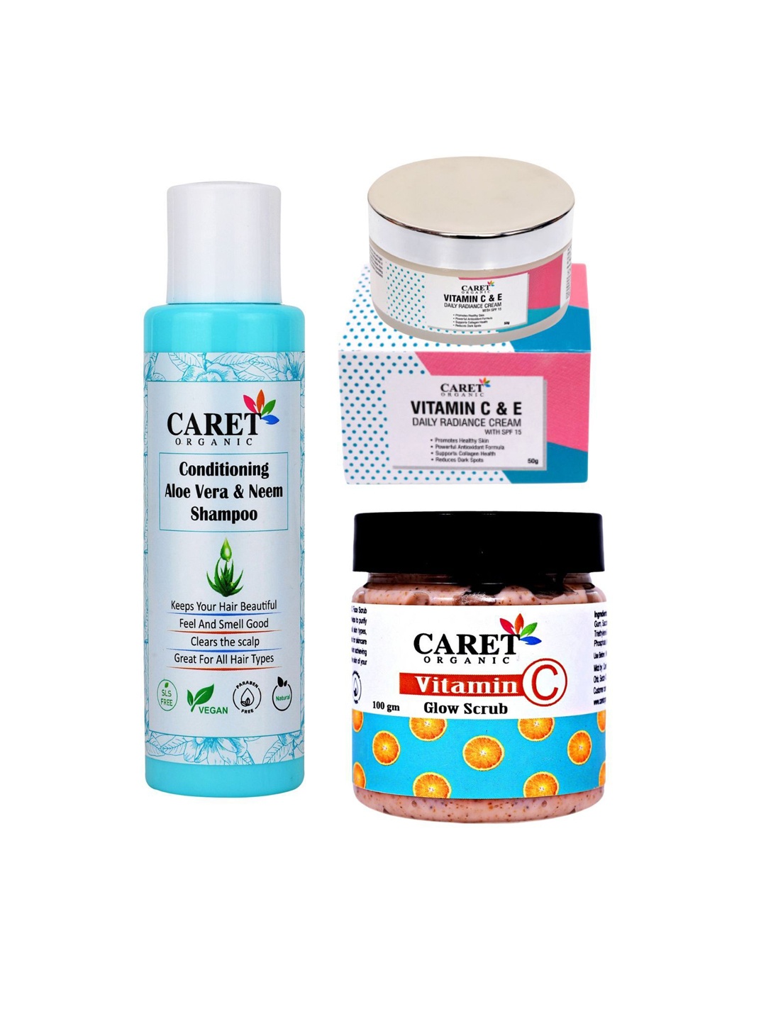 

CARET ORGANIC Set of 3 Shampoo & Daily Radiance Cream & Vitamin C Glow Scrub, White
