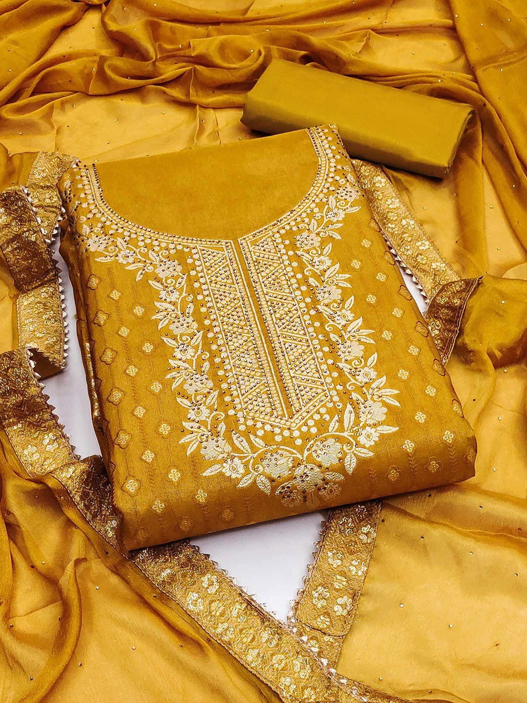 

Peachmode Floral Woven Design Beads and Stones Shimmer Jacquard Unstitched Dress Material, Mustard
