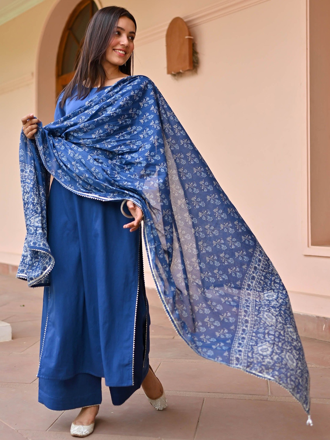 

Bunaai Gotta Patti Straight Kurta with Palazzos & Dupatta, Blue