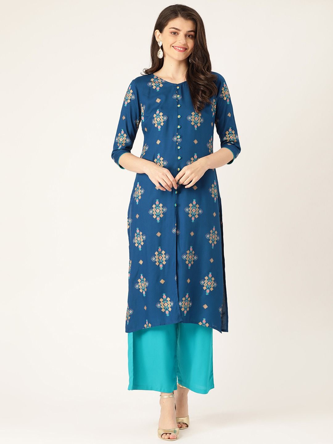 

Anouk Blue and gold Geometric Printed Liva Straight Kurta