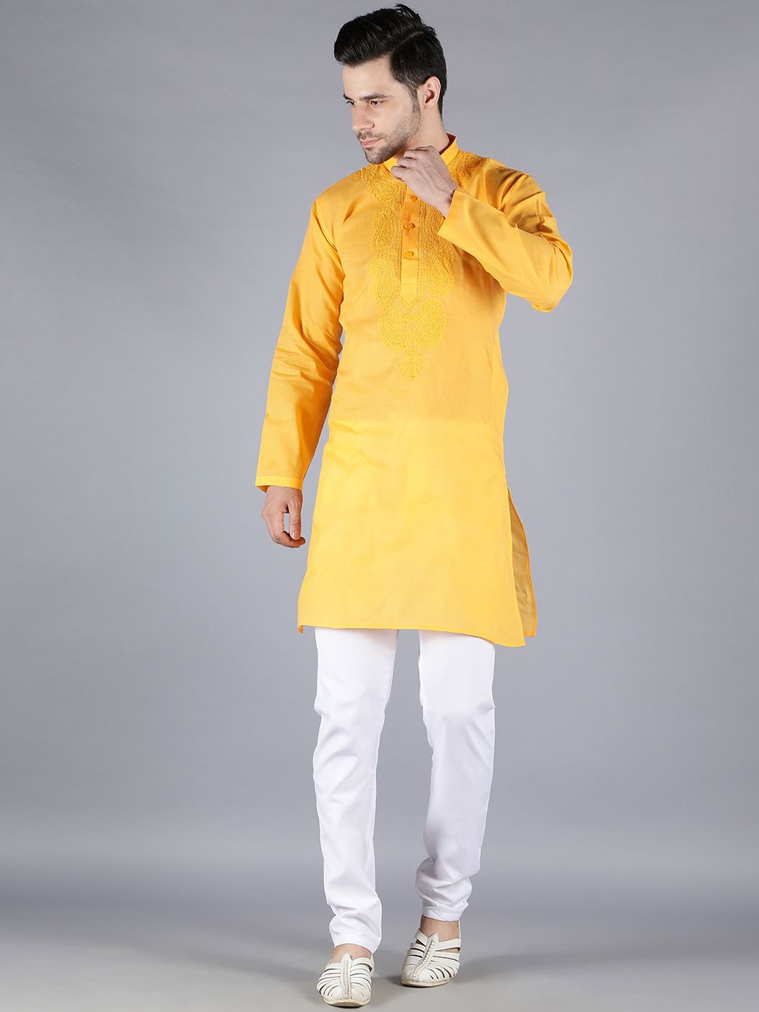 

Seva Chikan Mandarin Collar Ethnic Motifs Yoke Design Chikankari Cotton Kurta, Yellow