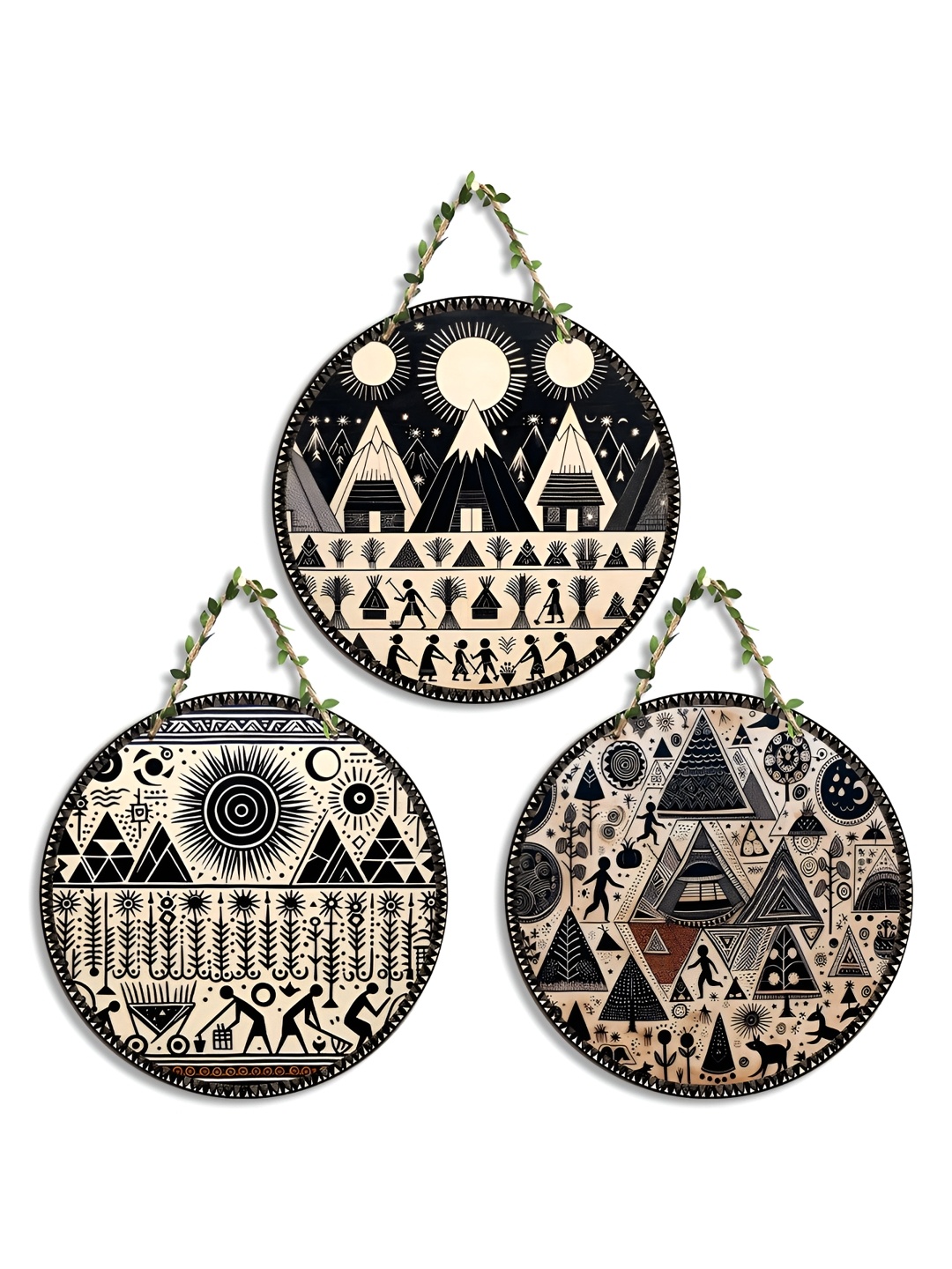 

SEHAZ ARTWORKS Black & Beige 3 Pieces Printed Wooden Wall Hangings