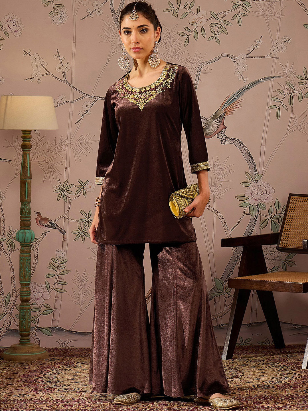 

Shae by SASSAFRAS Floral Embroidered Thread Work Velvet Kurti With Trousers, Brown