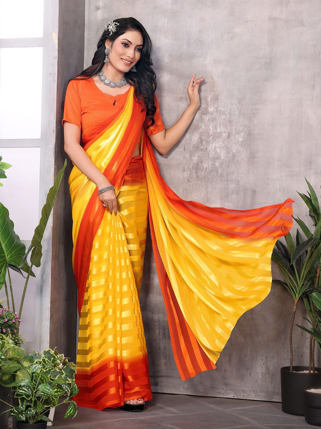 

Moda Rapido Striped Saree With Unstitched Blouse Piece, Yellow