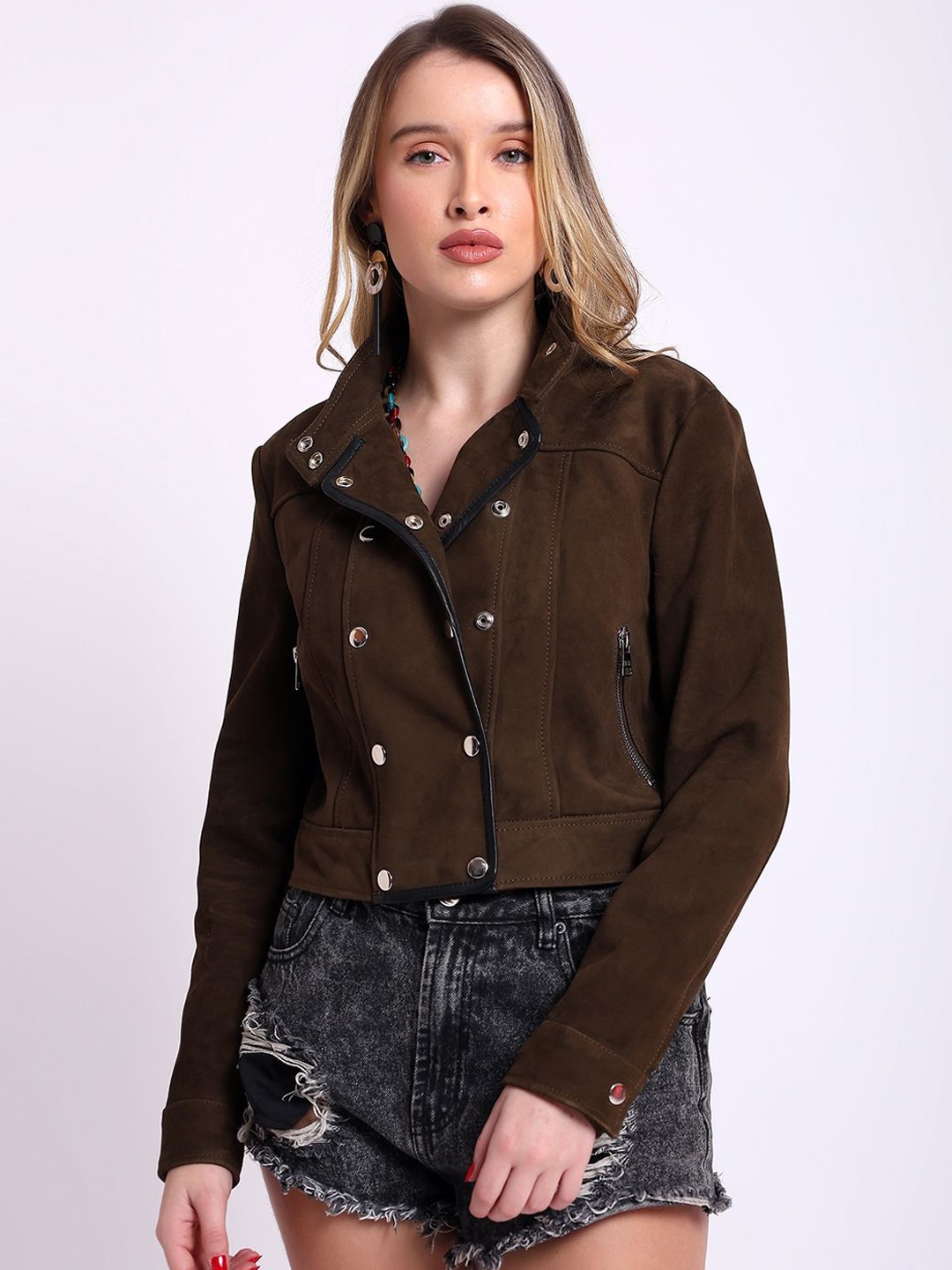

Saint G Women Spread Collar Solid Leather Casual Biker Jacket, Olive