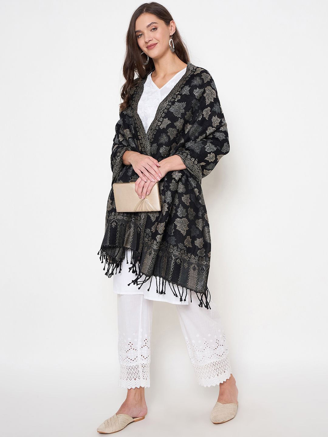 

Zigo Floral Woven Design Woollen Shawl, Black