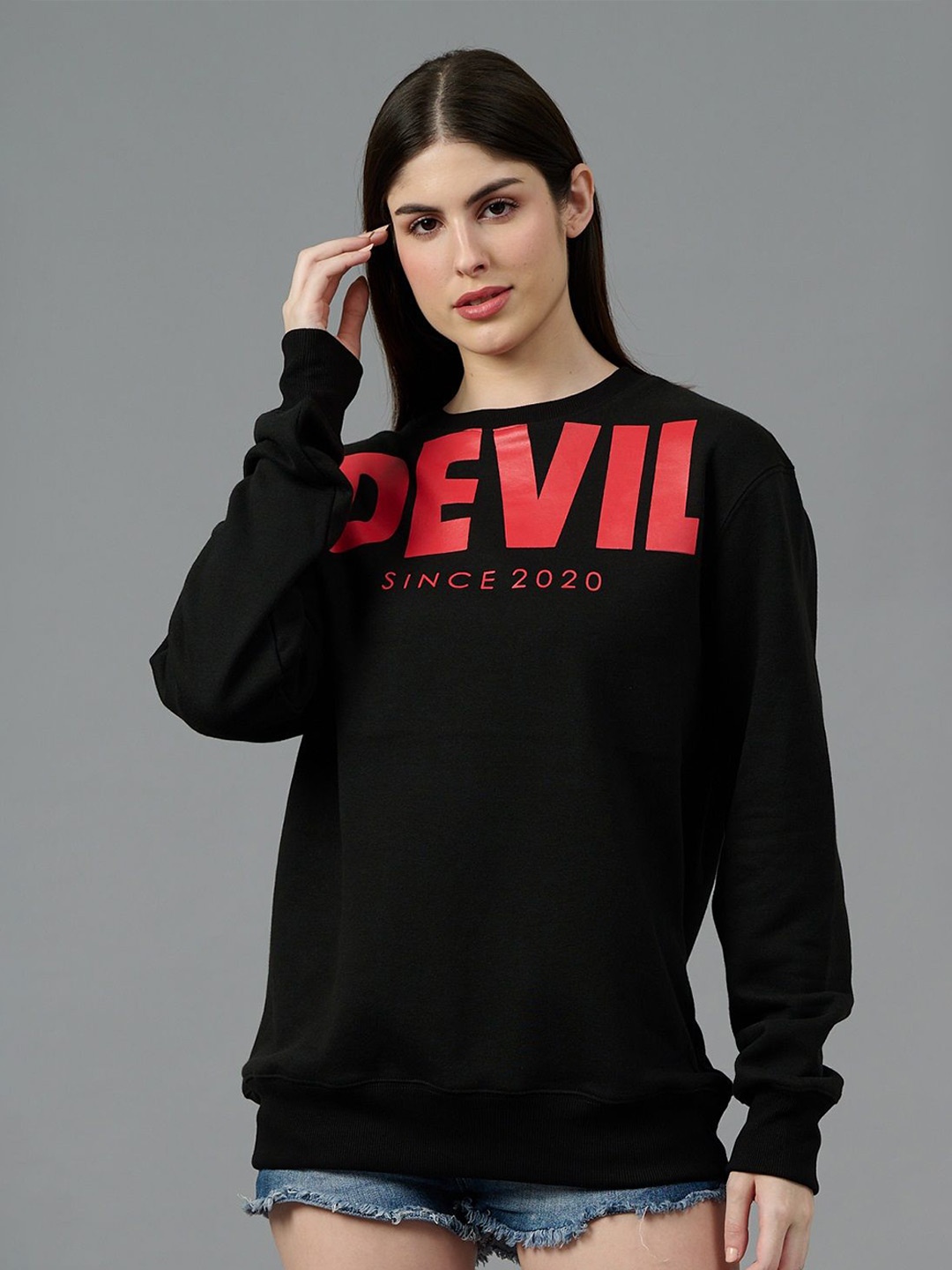 

GO DEVIL Women Printed Pullover Sweatshirt, Black
