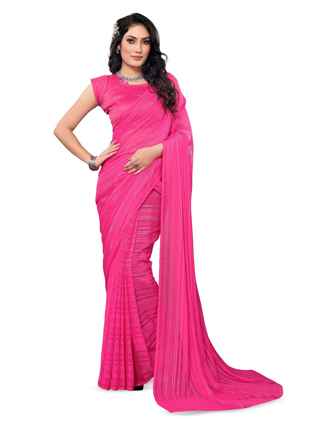 

Moda Rapido Striped Printed Satin Saree, Pink