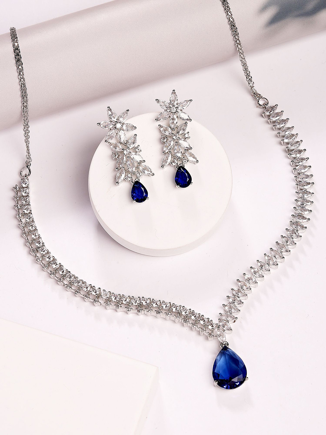 

KARATCART Silver Plated American Diamond Stone Studded Jewellery Set