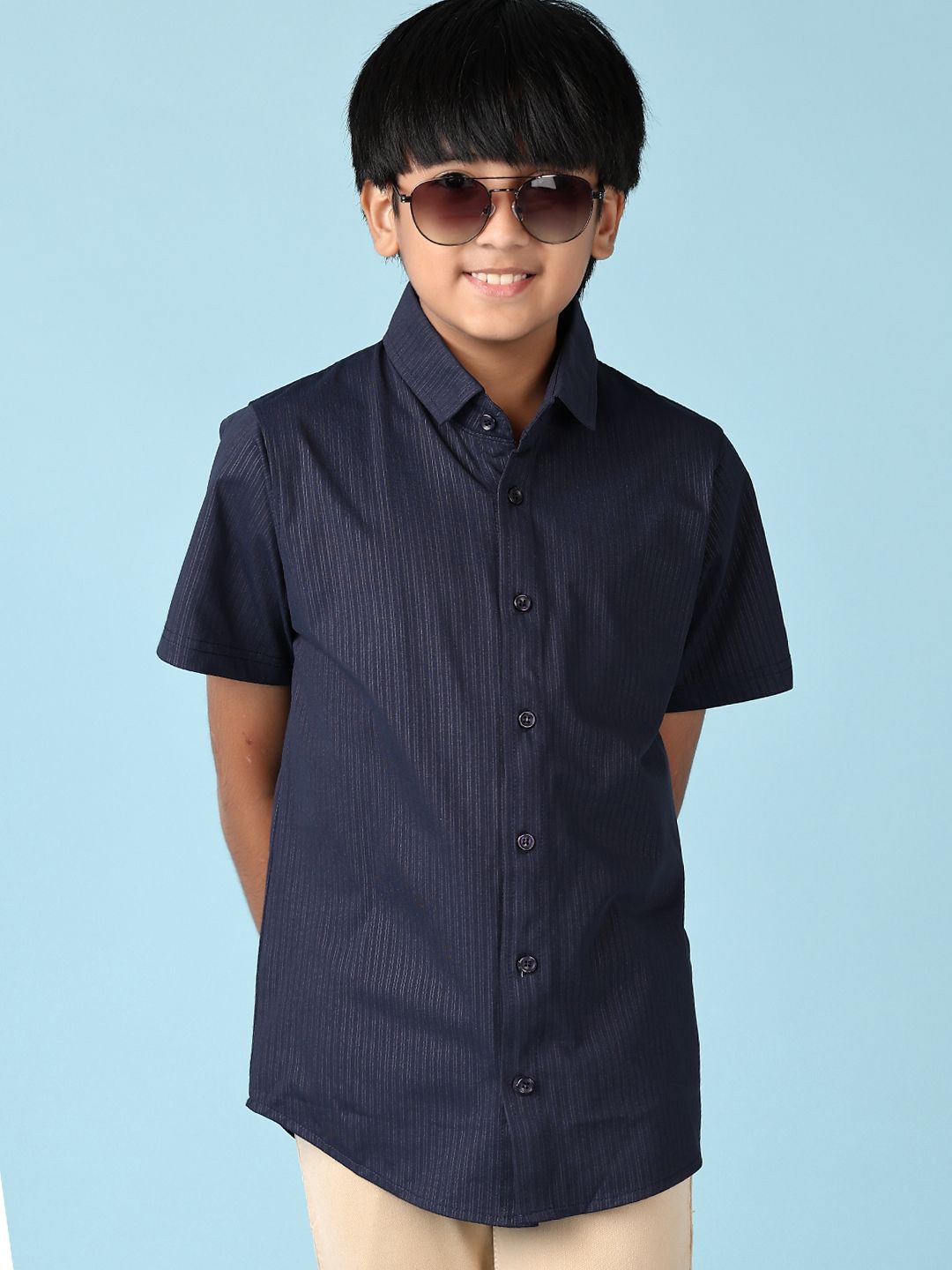 

V-Mart Boys Spread Collar Vertical Striped Cotton Casual Shirt, Navy blue