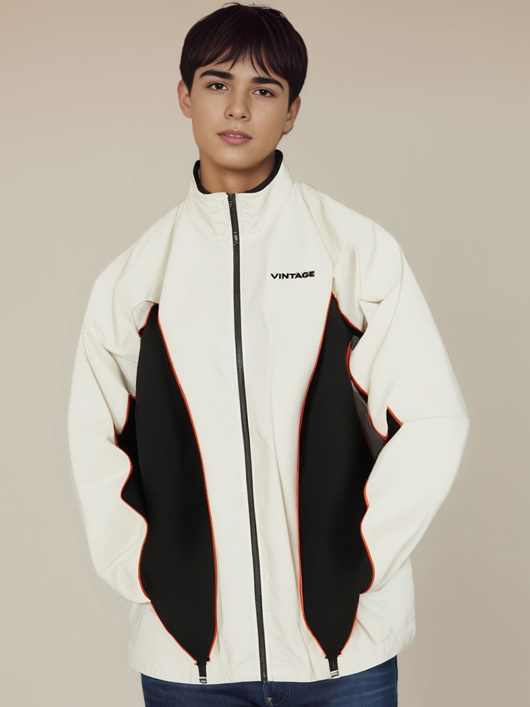 

StyleCast x Revolte Men Mock Collar Colourblocked Casual Bomber Jacket, Off white