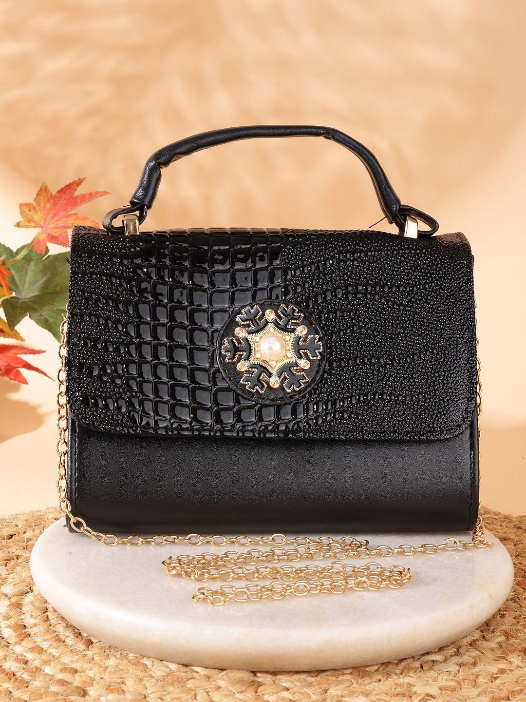 

SAZARA Women Textured Structured Handheld Bag, Black