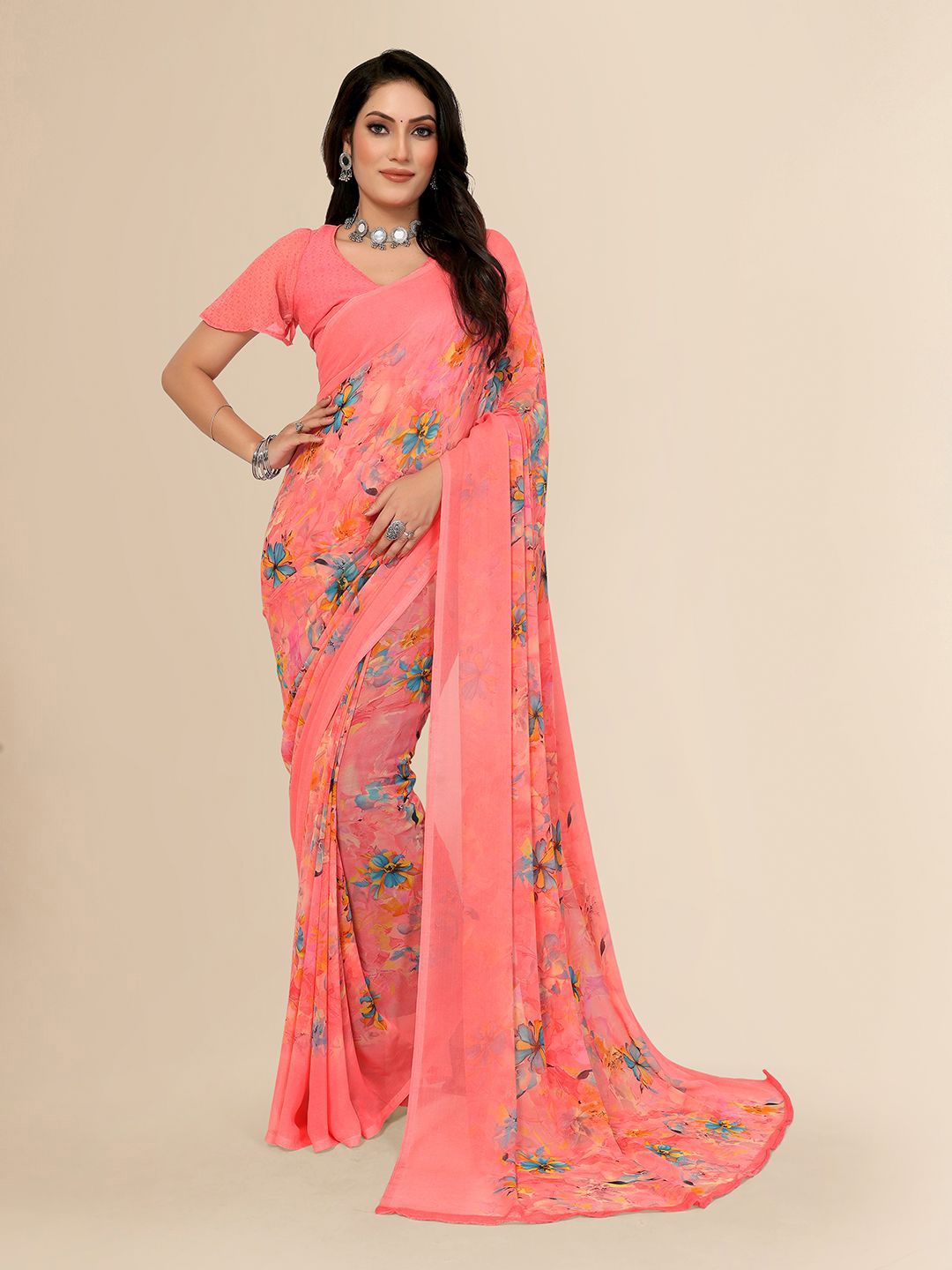 

ANAND SAREES Floral Poly Georgette Saree With Unstitched Blouse Piece, Peach