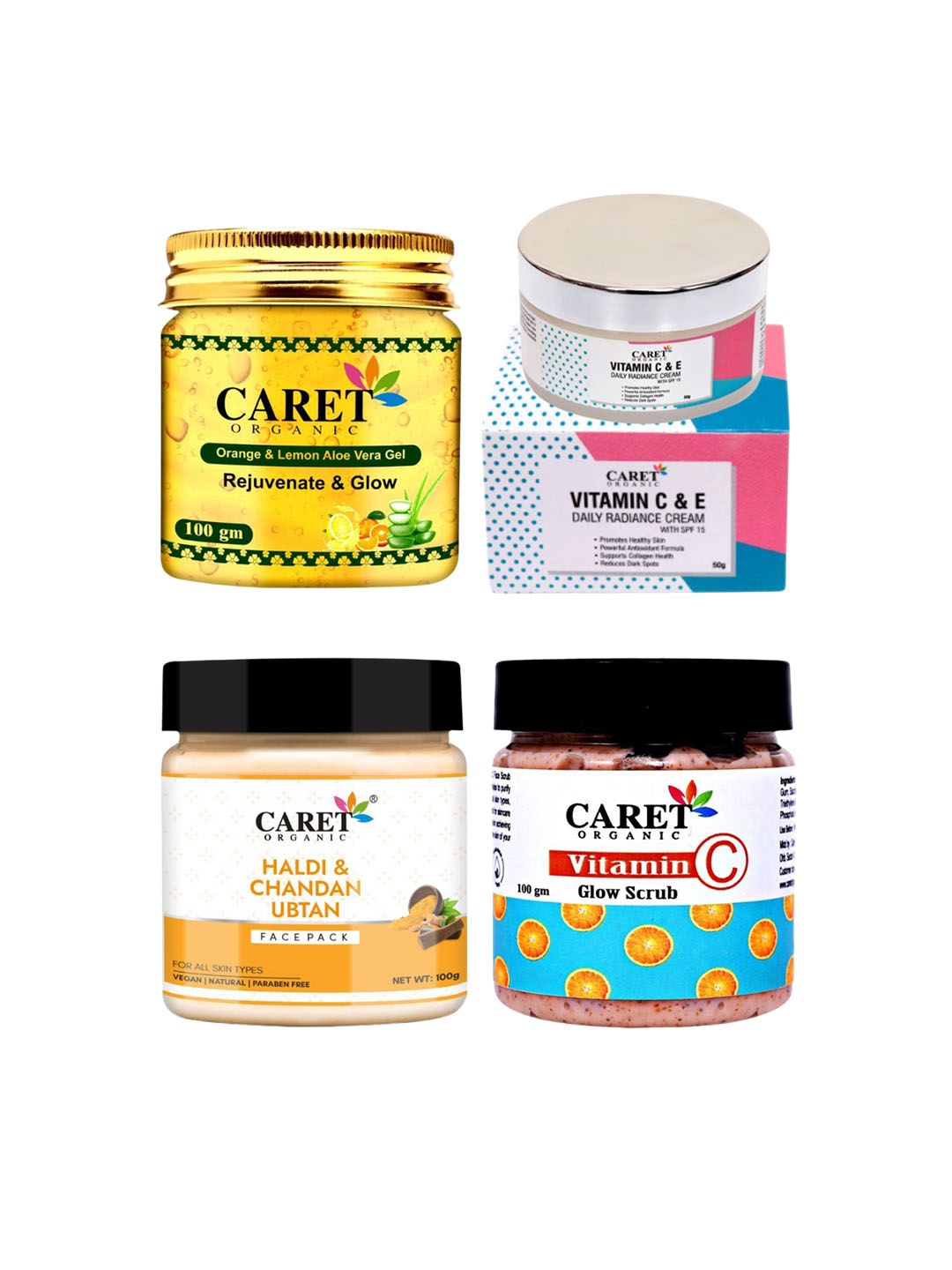 

CARET ORGANIC Set Of Aloe Vera Gel, Vitamin-C Cream, Haldi & Chandan Ubtan & Glow Scrub, White