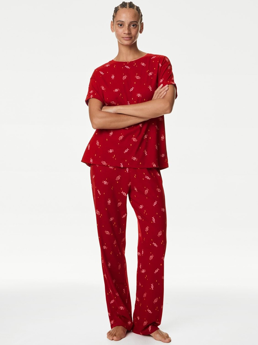 

Marks & Spencer Women Graphic Printed Pure Cotton Night suit, Red