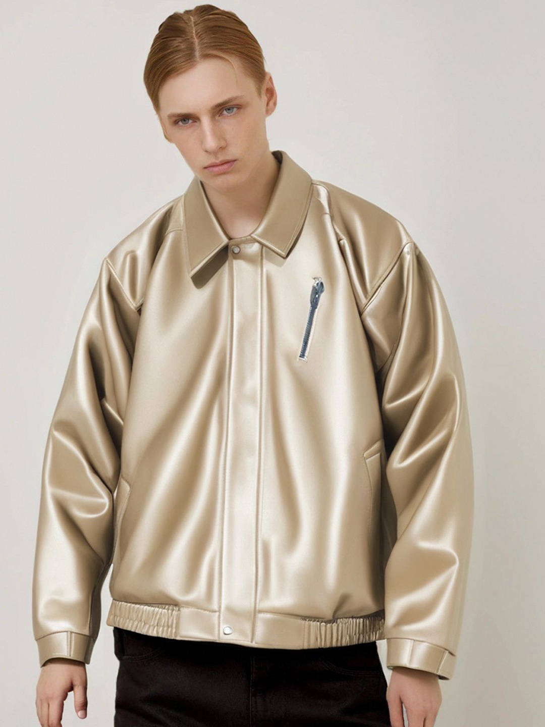 

StyleCast x Revolte Men Spread Collar Solid Casual Leather Jacket, Beige