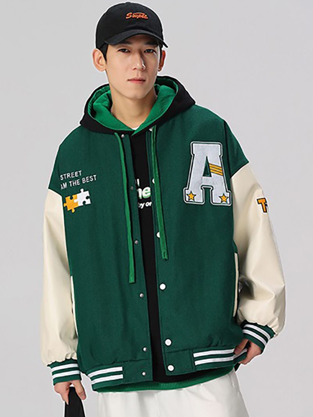 

StyleCast x Revolte Men Hooded Typography Printed Casual Varsity Jacket, Green
