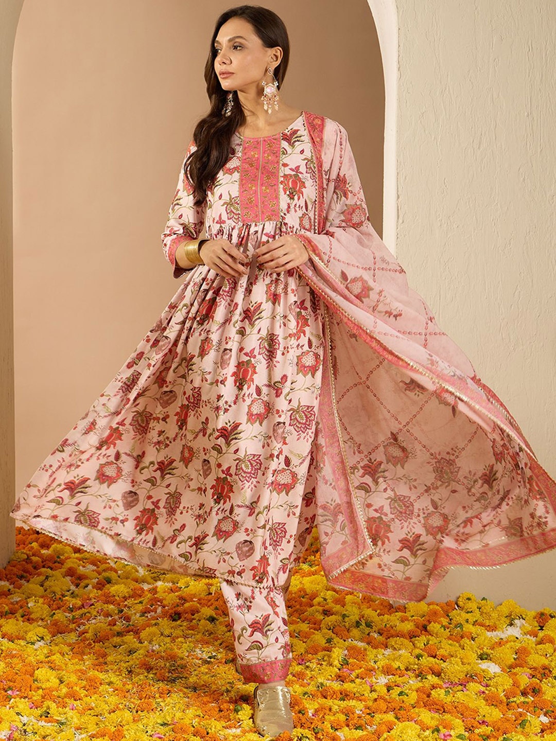 

ZIYAA Cream and Pink Floral Printed Pleated A-Line Kurta with Trousers & Dupatta