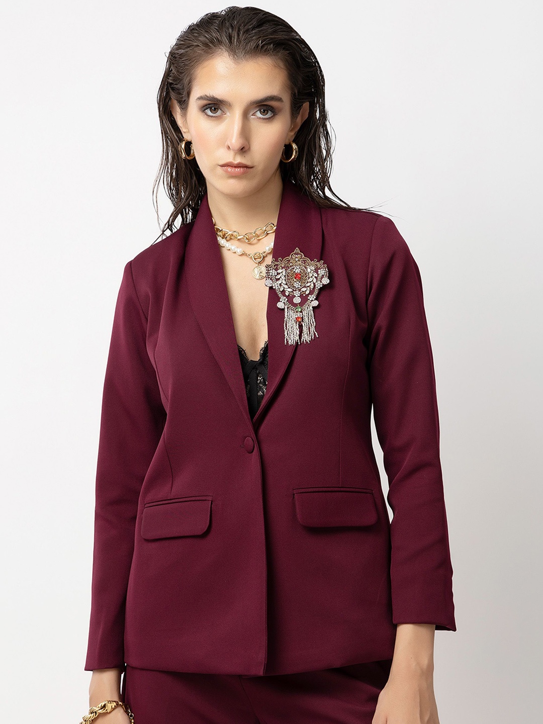 

Diwaah Embroidered Notched Lapel Collar Blazer With Trouser, Maroon