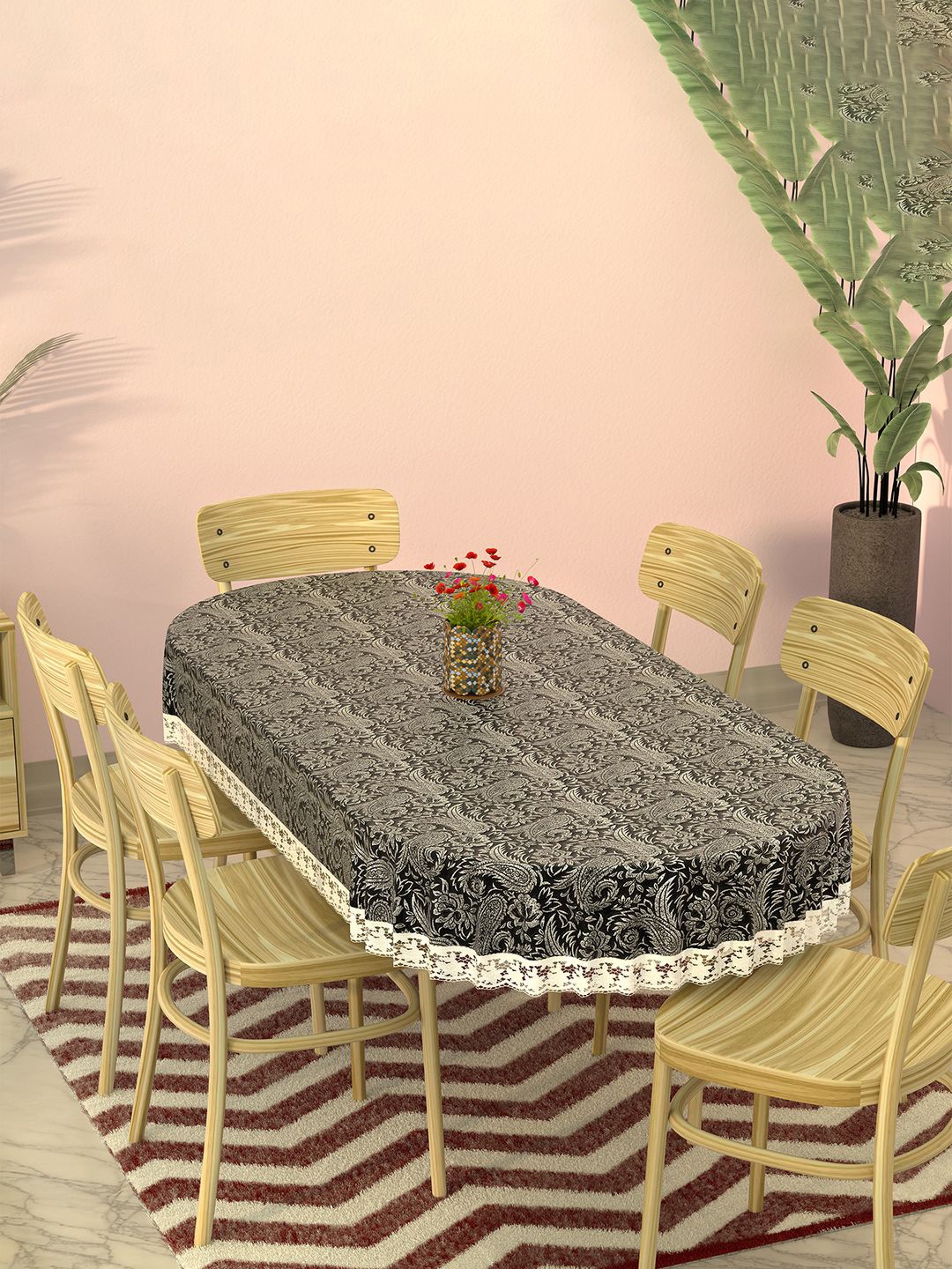 

Kuber Industries Black & White Floral Printed Waterproof Oval 6-Seater Table Cover