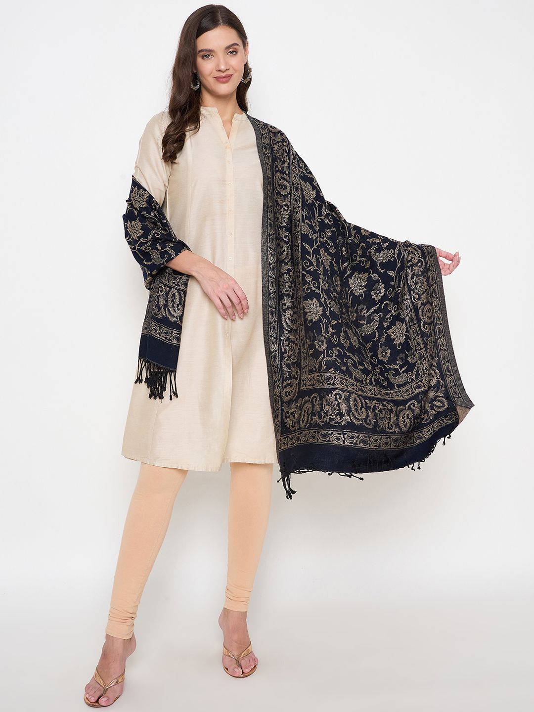 

Zigo Floral Woven Design Zari Woollen Shawl, Navy blue