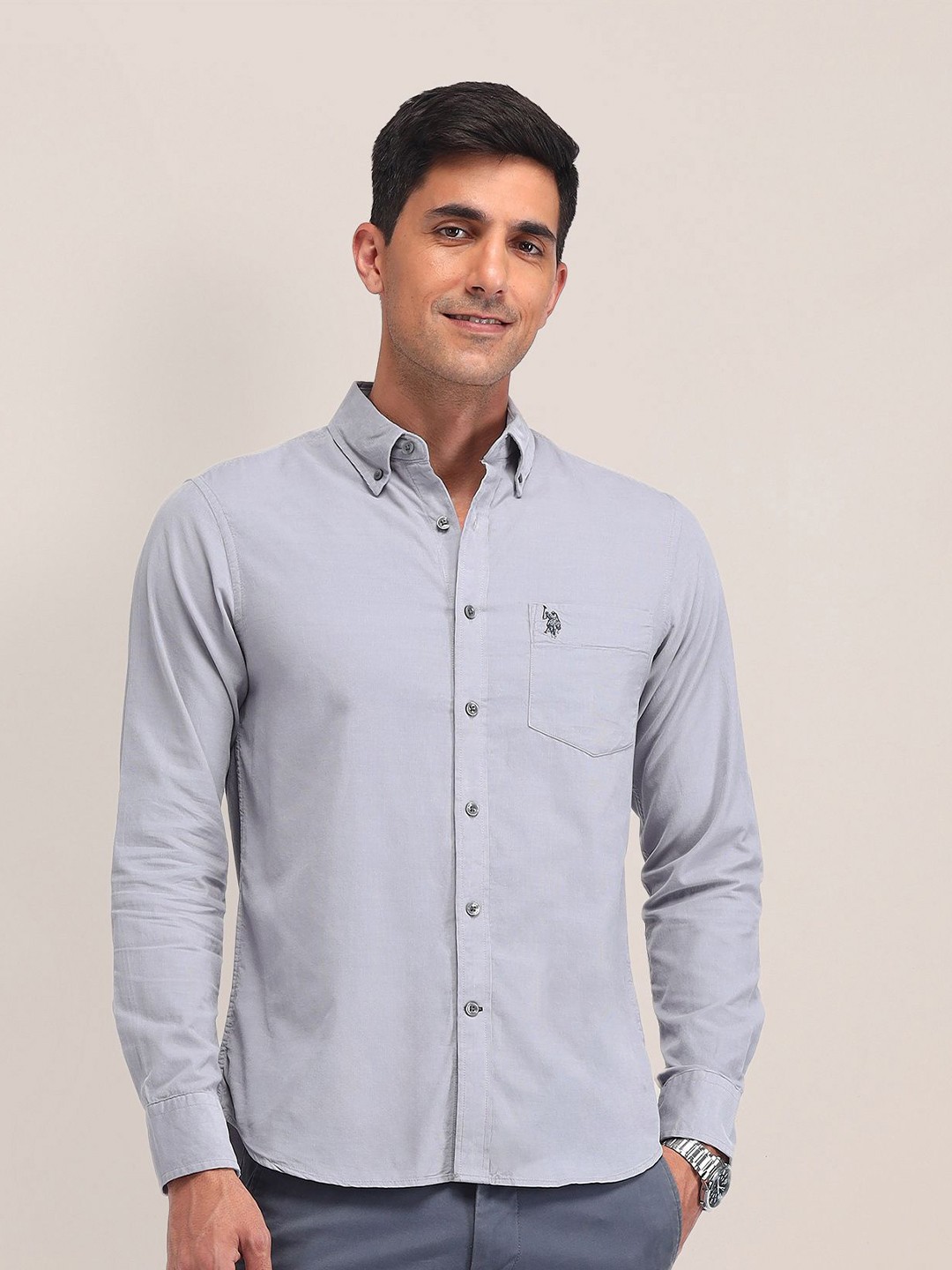 

U.S. Polo Assn. Men Classic Button-Down Collar Solid Cotton Tailored Fit Casual Shirt, Grey