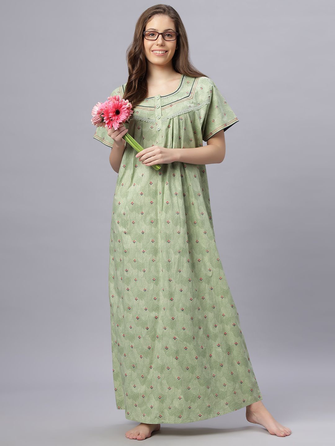 

QUIRA Women Printed Maxi Nightdress, Green