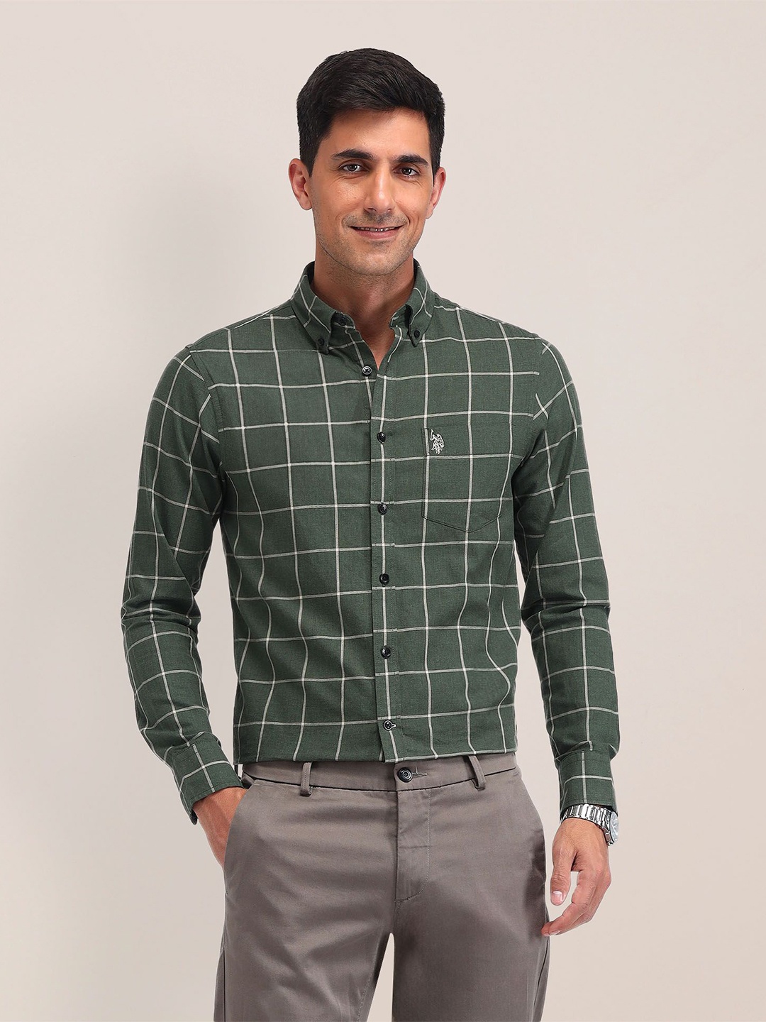 

U.S. Polo Assn. Men Classic Checks Printed Cotton Tailored Fit Casual Shirt, Green