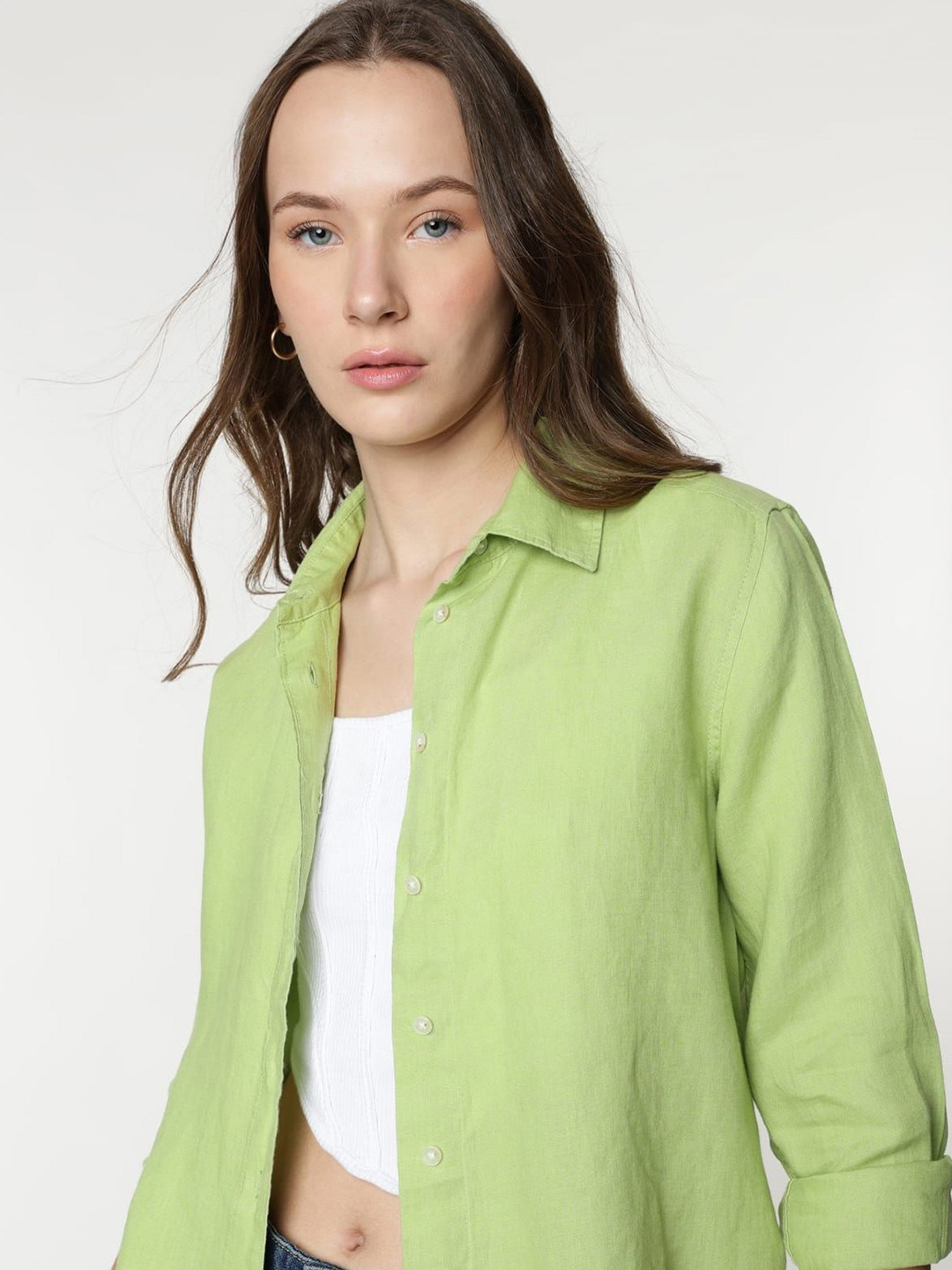 

Marks & Spencer Women Spread Collar Solid Linen Casual Shirt, Green