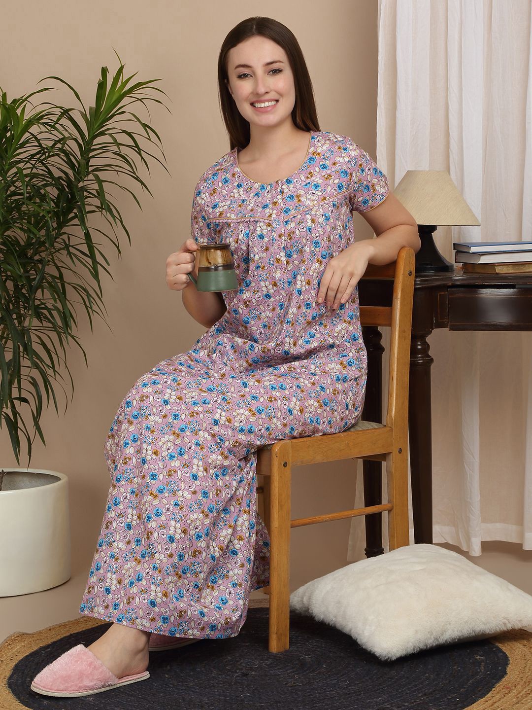 

Sweet Dreams Women Pure Cotton Floral Printed Maxi Nightdress, Rose