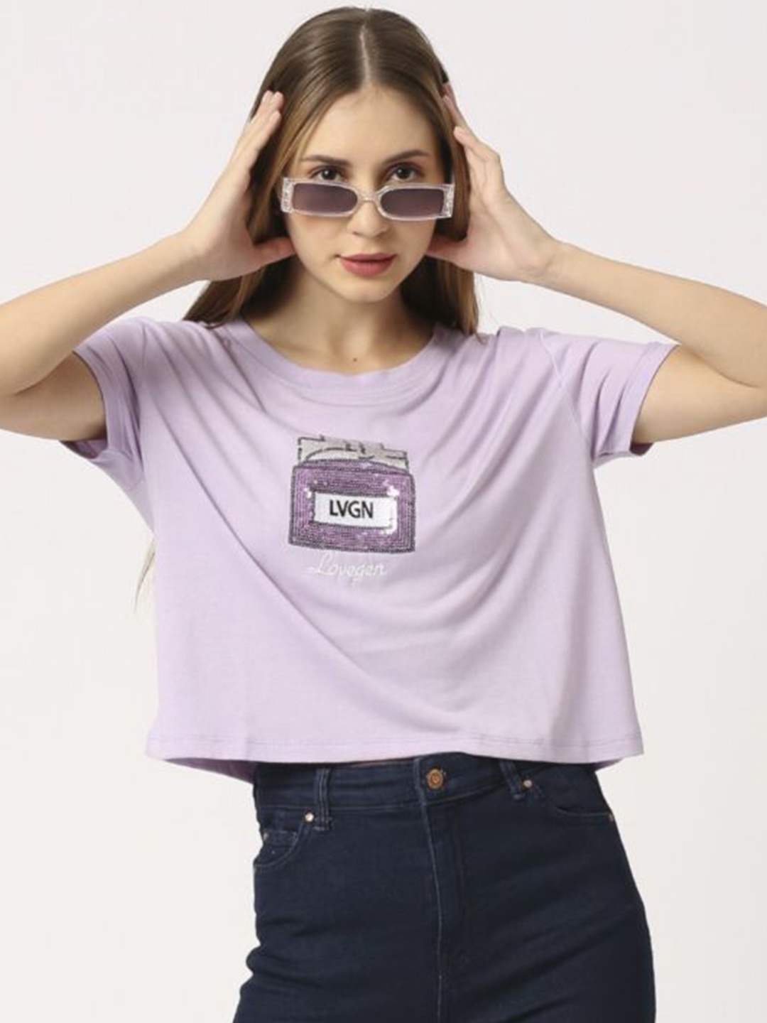 

LOVEGEN Women Typography Printed Applique T-shirt, Purple