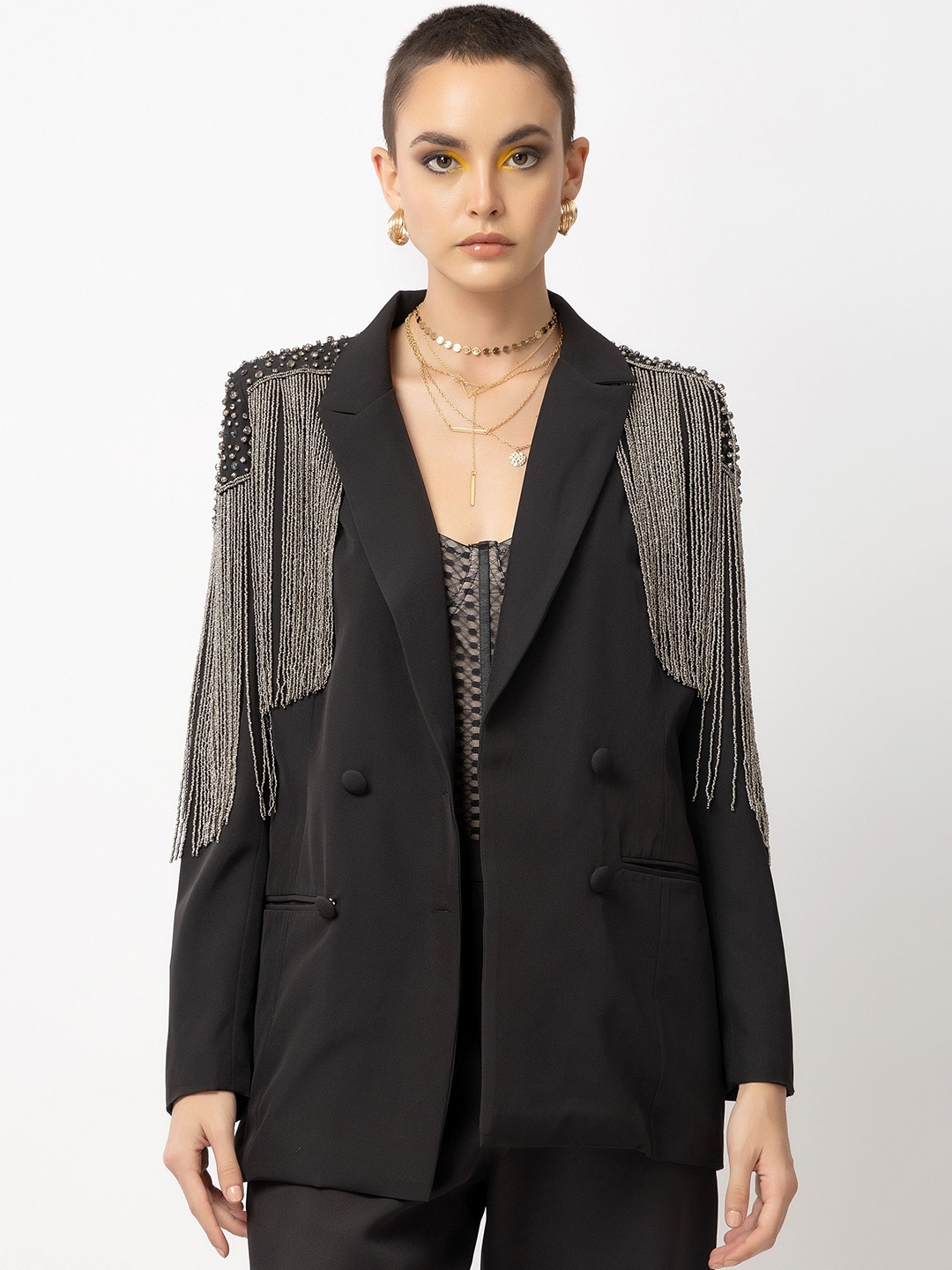 

Diwaah Embroidered Notched Lapel Collar Blazer With Trouser, Black