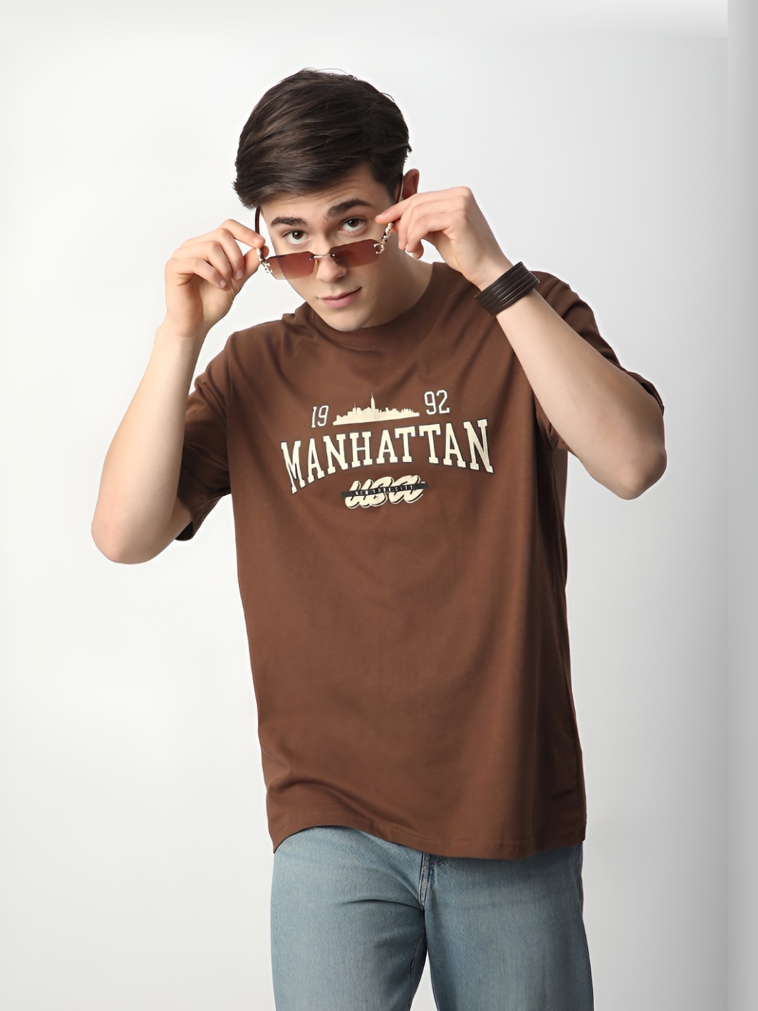 

R&B Men Typography Printed Round Neck Cotton Relaxed Fit T-shirt, Brown