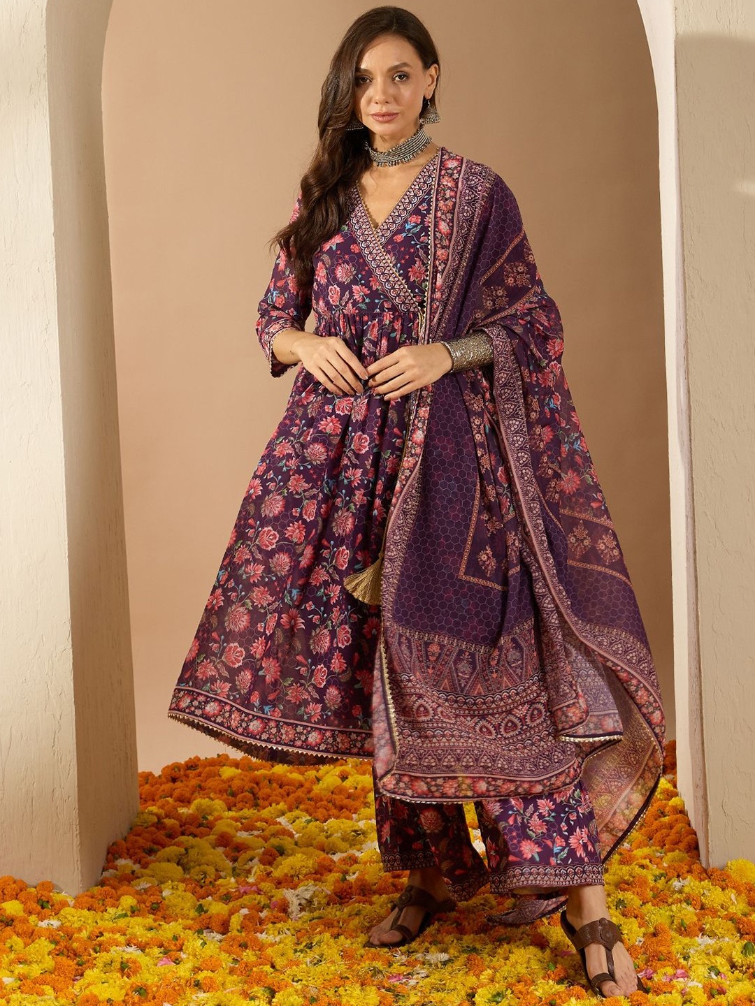 

ZIYAA Purple Floral Printed V-Neck Angrakha A-Line Kurta With Palazzo With Dupatta