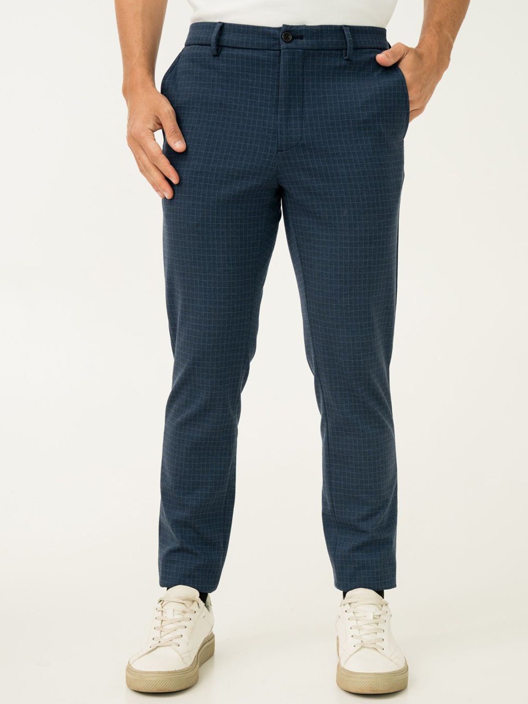 

The Pant Project Men Checked Slim Fit Soft-Stretch-Comfort Wrinkle Free Formal Trousers, Navy blue