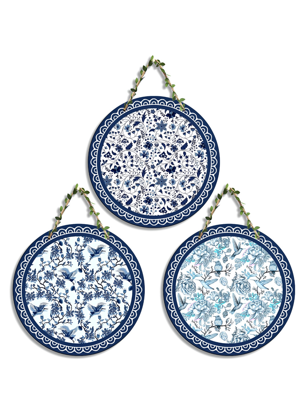 

SEHAZ ARTWORKS White & Blue 3 Pieces Floral Printed Wooden Wall Hangings