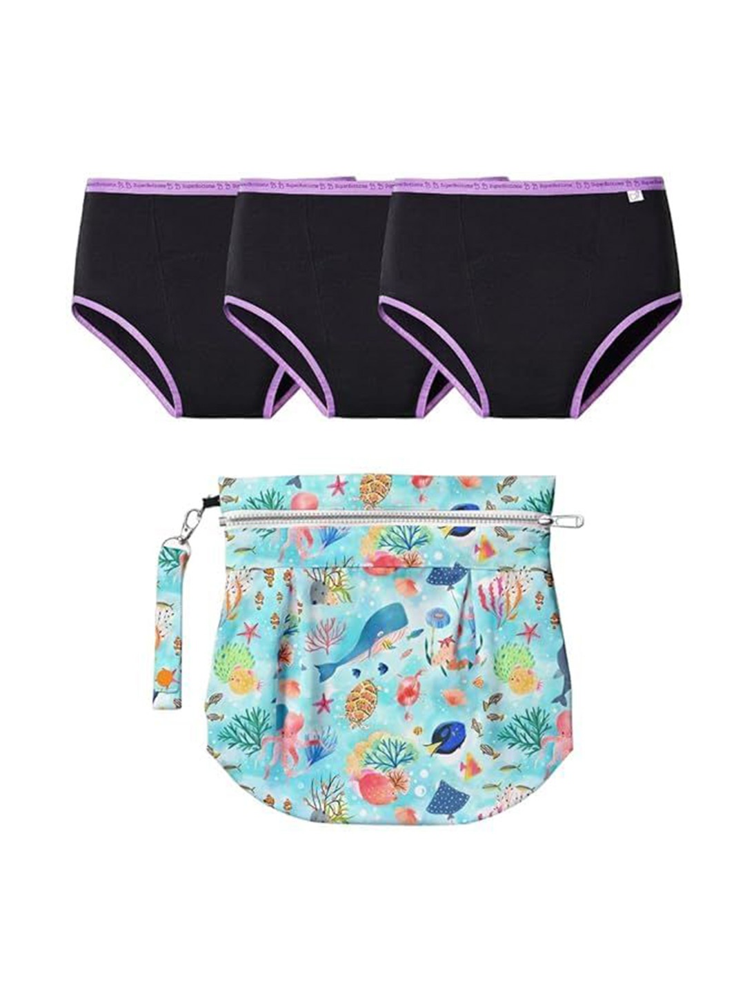

SuperBottoms Pack of 3 Maxabsorb High Waist Leak-Free Period Underwear With Pouch, Black
