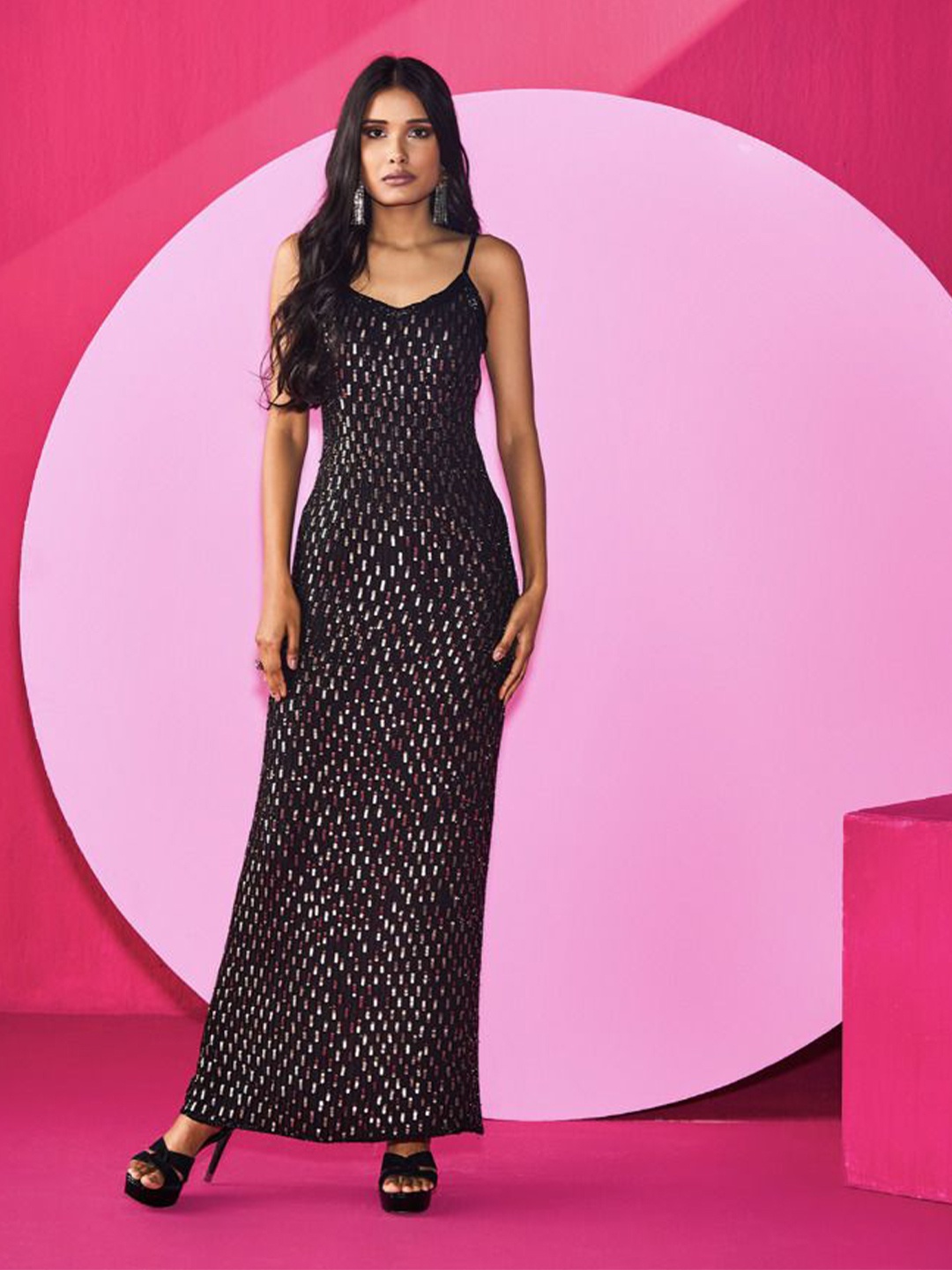 

The Front Row Women Embellished Shoulder Straps Bodycon Maxi Dress, Black