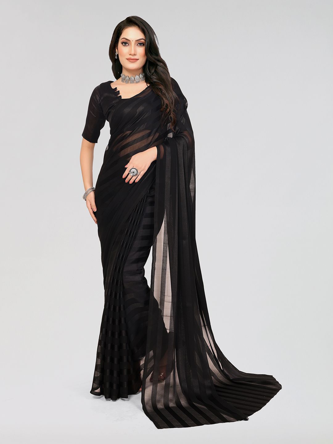 

Moda Rapido Striped Satin Saree, Black