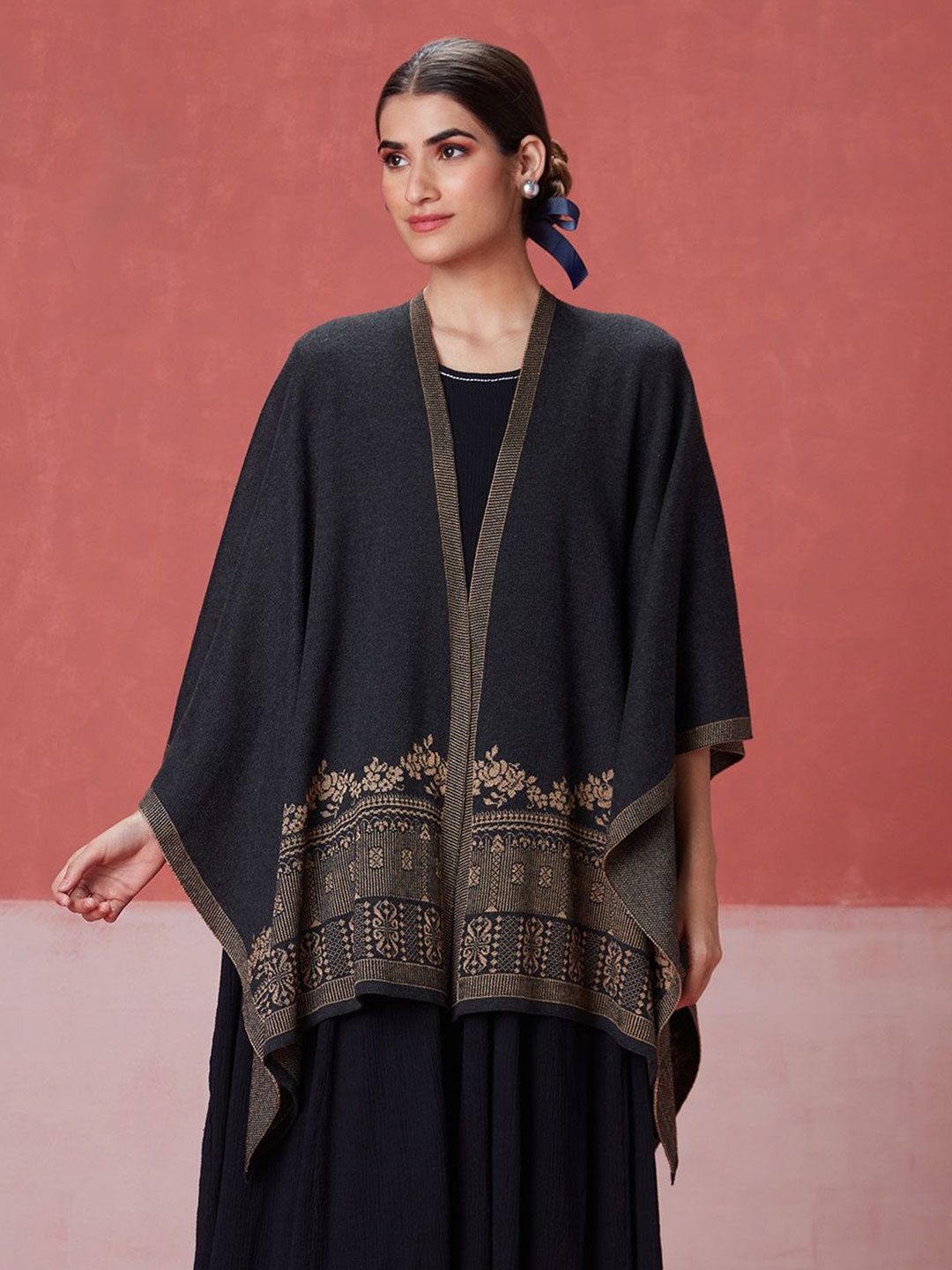 

Likha Self Design Woollen Acrylic Longline Open Front Shrug, Charcoal