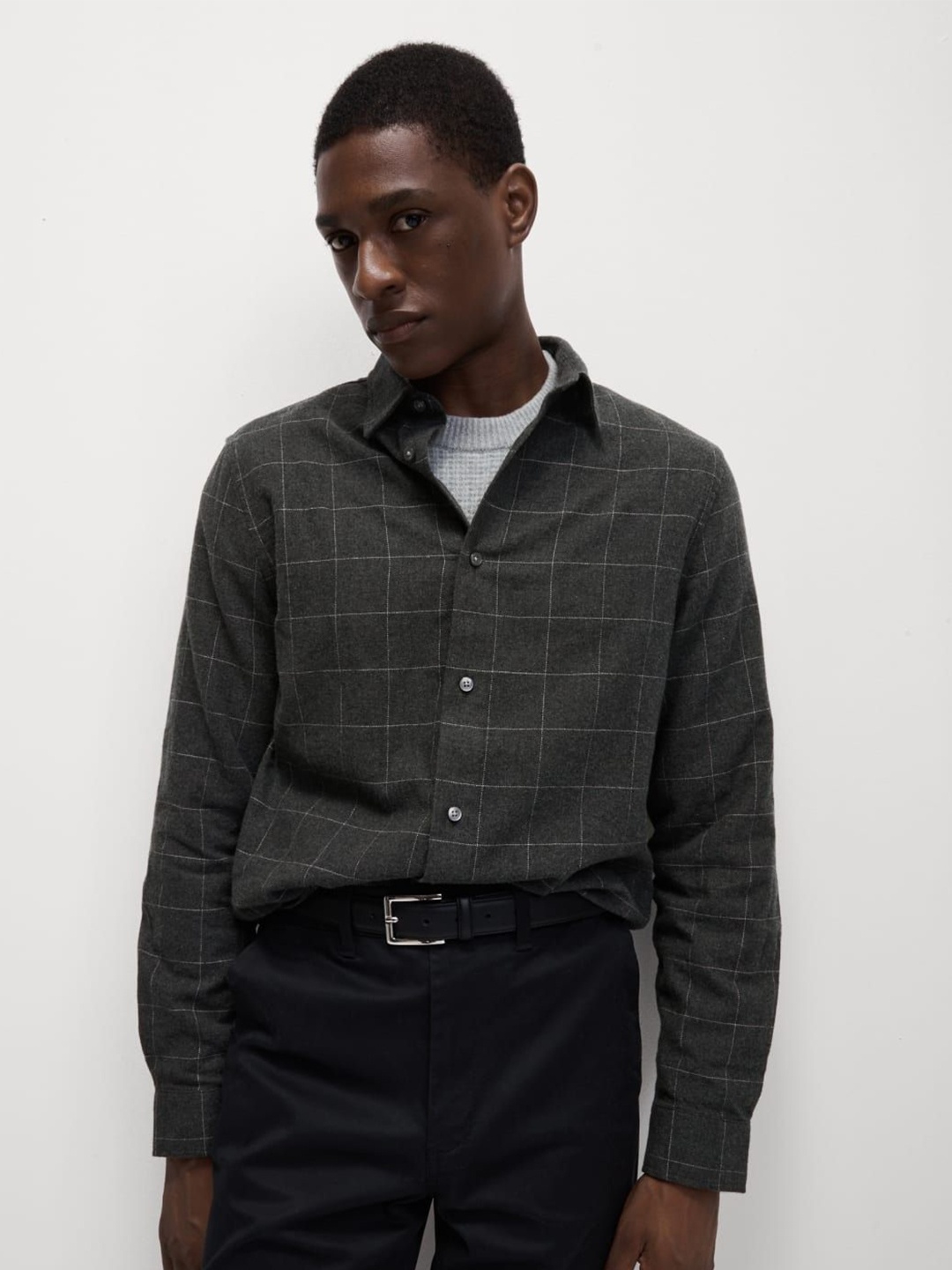 

Marks & Spencer Men Spread Collar Windowpane Checked Cotton Casual Shirt, Grey