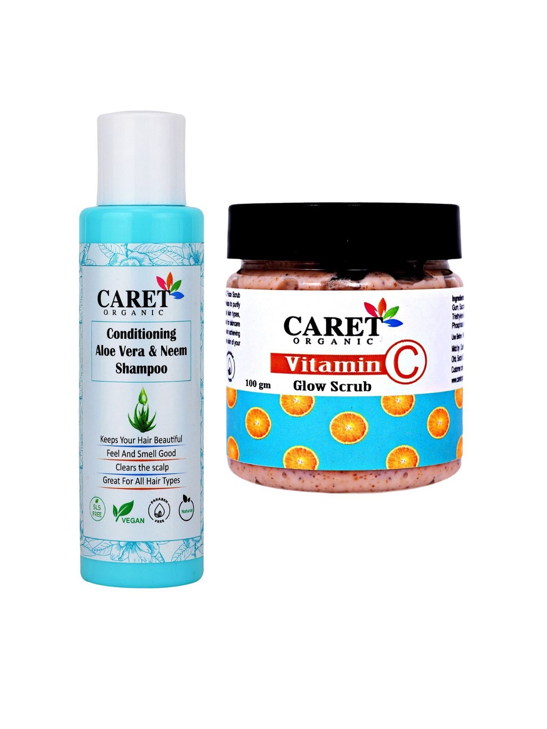 

CARET ORGANIC Set Of 2 Aloevera & Neem Shampoo - 100 ml & Vitamin C Glow Scrub - 100 g, White