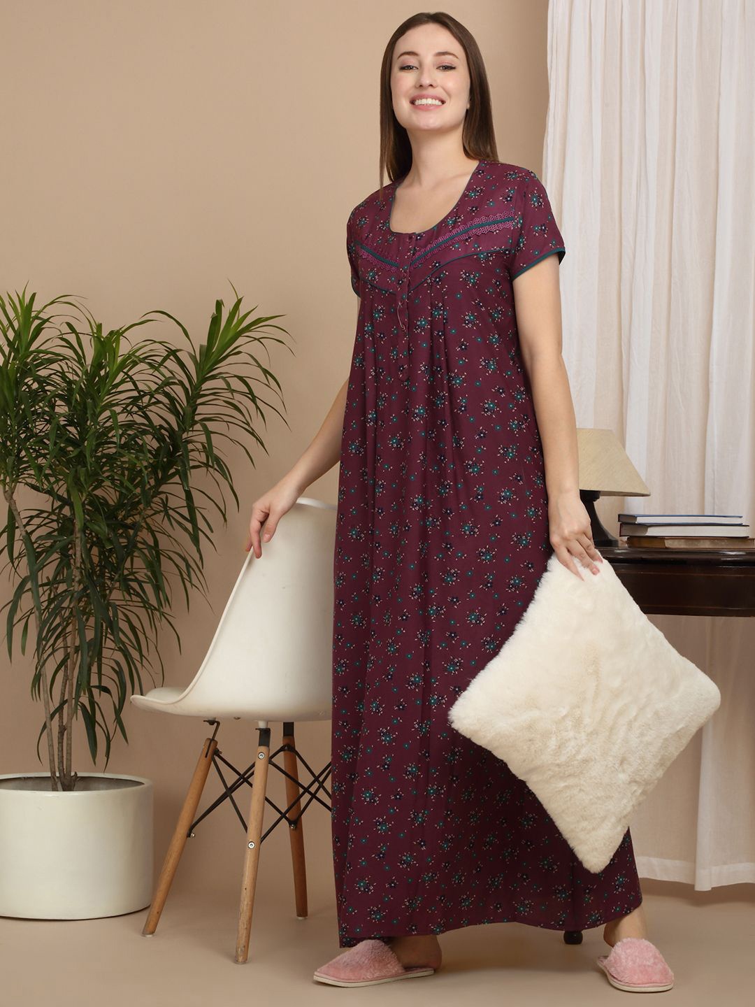 

Sweet Dreams Women Printed Pure Cotton Maxi Nightdress, Purple