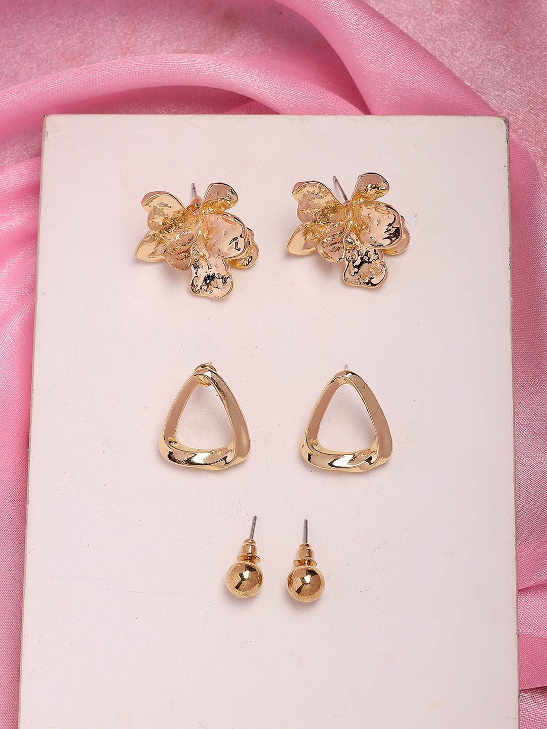 

Bohey by KARATCART Set of 3 Gold Plated Floral Studs