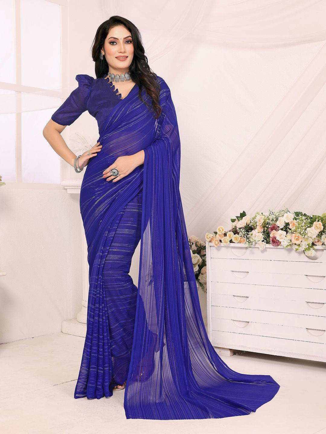 

Moda Rapido Women Striped Saree, Blue