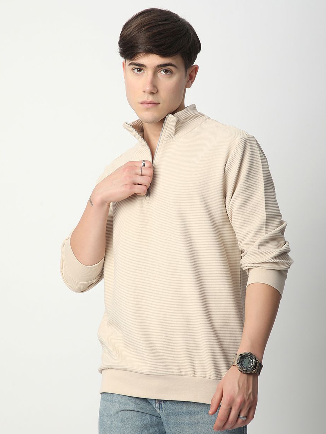 

R&B Men Cotton Long Sleeves Pullover Sweatshirt, Beige