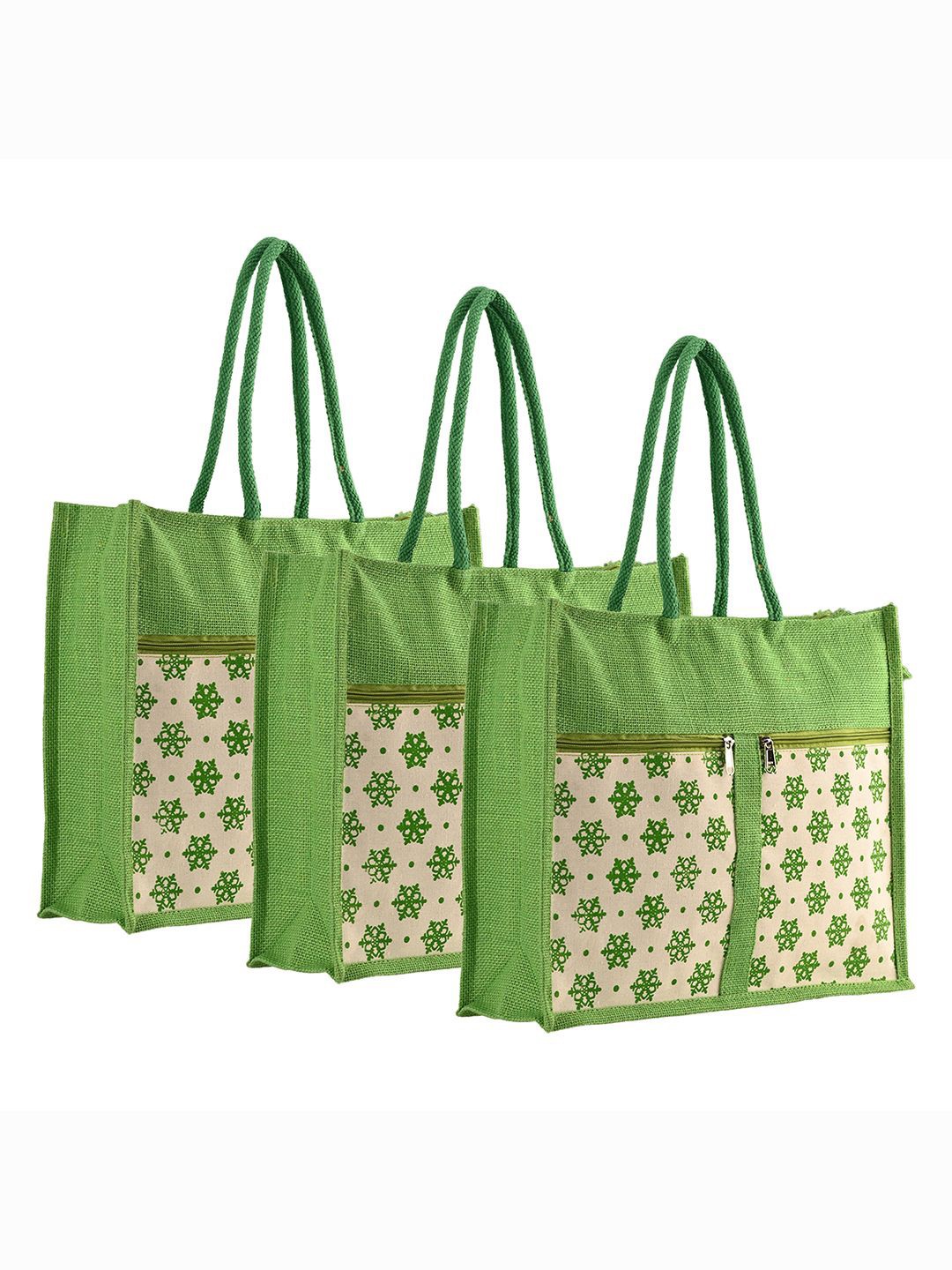 

Kuber Industries Unisex Pack Of 3 Floral Printed Shopper Handheld Bags, Green